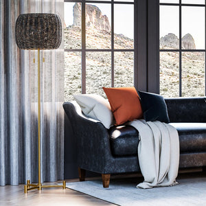 A beautiful living room with a unique UEX8320 Organic Floor Lamp 16''W x 16''D x 61.5''H, Aged Brass Finish, Solvang