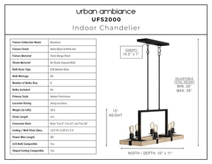 A unique diagram displaying the dimensions of a luxury Urban Ambiance UFS2000 Modern Farmhouse Chandelier, 15''H x 33''W, Matte Black & White Ash Finish, from