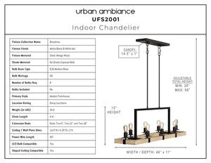A diagram showing the dimensions of the gorgeous UFS2001 Modern Farmhouse Chandelier, 15''H x 44''W, Matte Black & White Ash Finish, Broadway Collection by Urban Amb