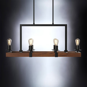 Rectangular wood and metal chandelier with four exposed light bulbs, suspended from the ceiling against a gradient background.