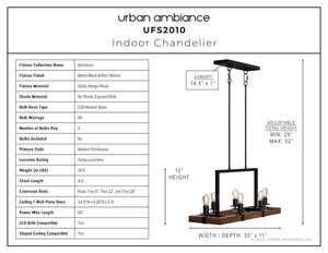 A diagram displaying the dimensions of the UFS2010 Modern Farmhouse Chandelier, featuring a luxurious and unique design in Matte Black & Rich Walnut Finish.