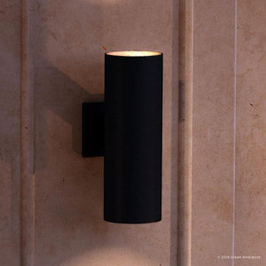 A unique and luxury UHP1063 Modern Outdoor Wall Light, 14"H x 5"W, Midnight Black Finish from the Hollywood Collection by Urban Ambiance mounted on a wall.