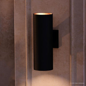 A unique UHP1065 modern outdoor wall lamp, 18"H x 6"W, in an olde bronze finish from the Hollywood Collection by Urban Ambiance mounted on a wall.