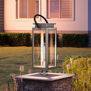 A unique UHP1270 Modern Farmhouse Outdoor Post Light in a stainless steel finish from the Darwin Collection by Urban Ambiance adds a touch of luxury to the front of a house.
