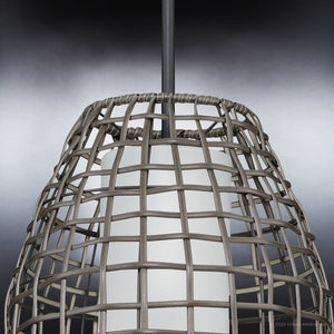 A unique UHP1280 Bohemian Outdoor Pendant with a white glass shade, manufactured by Urban Ambiance.