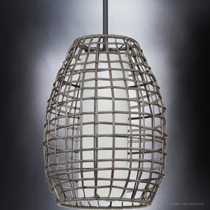 A beautiful Bohemian outdoor pendant with a rattan cage hanging from it.