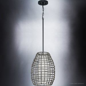 A beautiful Urban Ambiance UHP1280 Bohemian Outdoor Pendant 16''H x 12''W, Midnight Black Finish, Cleveland Collection lighting fixture with a rattan basket hanging from it