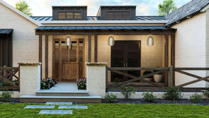 A rendering of a unique and gorgeous home with a UHP1280 Bohemian Outdoor Pendant 16''H x 12''W, Midnight Black Finish from the Cleveland Collection by Urban