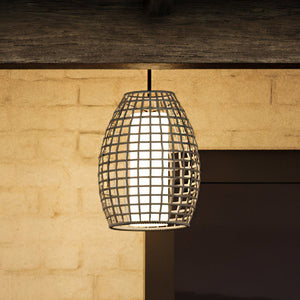 An UHP1280 Bohemian Outdoor Pendant 16''H x 12''W, Midnight Black Finish, Cleveland Collection gorgeous lighting fixture hanging from a brick wall.