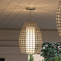 Two beautiful UHP1281 Bohemian Outdoor Pendant 16''H x 12''W, Galvanized Steel Finish, Cleveland Collection lighting fixtures hanging from the ceiling.