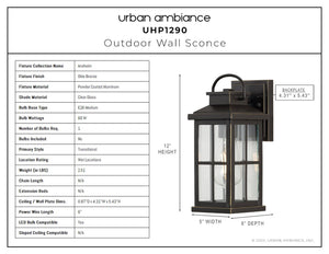 An Urban Ambiance UHP1290 Transitional Outdoor Wall Sconce 12''H x 5''W, Olde Bronze Finish, Anaheim Collection with unique measurements.