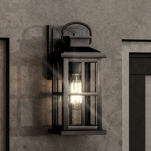 An UHP1291 Transitional Outdoor Wall Sconce with a lantern on it.