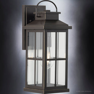 A unique and beautiful lamp, the UHP1292 Transitional Outdoor Wall Sconce in Olde Bronze Finish from the Anaheim Collection by Urban Ambiance features a clear glass shade and measures 18''