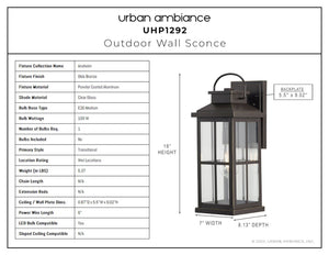 An Urban Ambiance outdoor wall sconce with unique measurements.