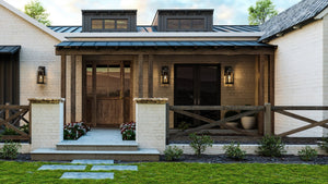 A stunning rendering of a home with a front porch showcasing the UHP1292 Transitional Outdoor Wall Sconce 18''H x 7''W, Olde Bronze Finish from the