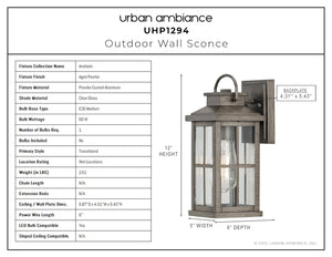 A unique Urban Ambiance UHP1294 Transitional Outdoor Wall Sconce 12''H x 5''W, Aged Pewter Finish, Anaheim Collection with measurements.