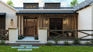 A beautiful rendering of a unique home with the Urban Ambiance UHP1295 Transitional Outdoor Wall Sconce 14.25''H x 6''W, Aged Pewter