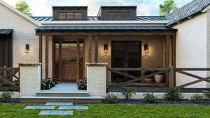 A rendering of a luxurious home with a unique UHP1300 Farmhouse Outdoor Wall Sconce, Midnight Black Finish, Henderson Collection by Urban Ambiance front porch.