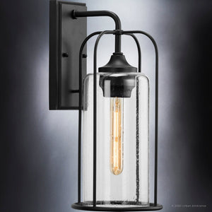 A gorgeous UHP1301 Farmhouse Outdoor Wall Sconce 17''H x 7.5''W, Midnight Black Finish, Henderson Collection by Urban Ambiance with a clear glass bulb