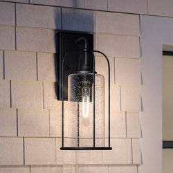 An UHP1302 Farmhouse Outdoor Wall Sconce 19.375''H x 8.5''W, Midnight Black Finish, Henderson Collection by Urban Ambiance with a unique glass