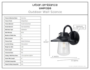 An image of the unique UHP1320 Coastal Outdoor Wall Sconce lighting fixture, Midnight Black Finish, Santa-Ana Collection by Urban Ambiance.