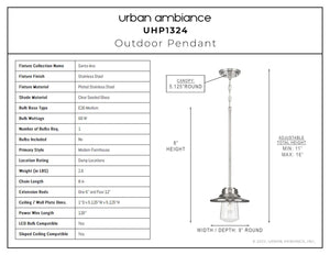 Urban Ambiance - Pendant - UHP1324 Coastal Pendant 8''H x 9''W, Stainless Steel Finish, Santa-Ana Collection -