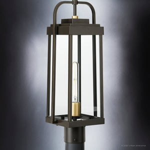 A gorgeous Urban Ambiance UHP1342 Transitional Outdoor Post Light 21.375''H x 8.25''W, Olde Bronze Finish, Orlando Collection lantern with a clear
