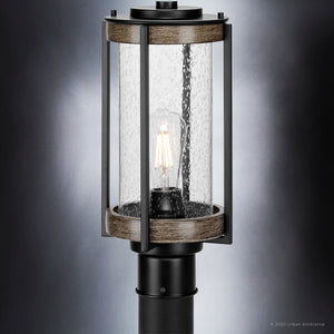 An Urban Ambiance UHP1353 Farmhouse Outdoor Post Light 15.625''H x 7.375''W, Midnight Black Finish, Newark Collection with a beautiful glass bulb.