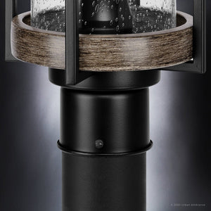 A unique UHP1353 Farmhouse Outdoor Post Light 15.625''H x 7.375''W, Midnight Black Finish, Newark Collection with a wooden top by Urban Amb