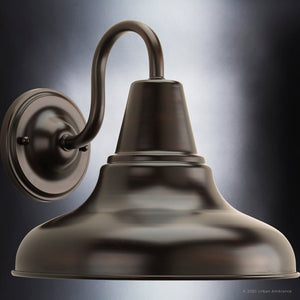 An Urban Ambiance UHP1361 Industrial Outdoor Wall Sconce with a black finish from the Pittsburgh Collection, featuring a gorgeous olde bronze finish.
