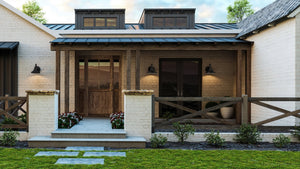A rendering of a beautiful home with a front porch featuring the UHP1362 Industrial Outdoor Wall Sconce 8.25''H x 8''W, Midnight Black Finish, Pittsburgh Collection