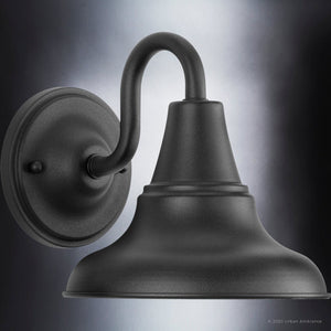 An UHP1362 Industrial Outdoor Wall Sconce 8.25''H x 8''W, Midnight Black Finish from the Pittsburgh Collection by Urban Ambiance on a dark background, featuring