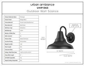 The unique UHP1363 Industrial Outdoor Wall Sconce, with a Midnight Black finish from the Pittsburgh Collection by Urban Ambiance, is shown in black.