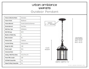 A unique Urban Ambiance UHP1373 Transitional Outdoor Pendant 13.625''H x 7.5''W, Olde Bronze Finish, Greensboro Collection with a black finish