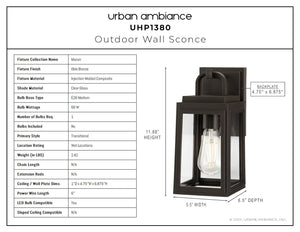 Product information sheet for the Urban Ambiance UHP1380 Farmhouse Outdoor Wall Sconce, 11.875''H x 5.5''W, Olde Bronze finish, Macon Collection, featuring marine-grade construction and a product photo.