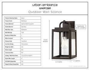 The Urban Ambiance UHP1381 Farmhouse Outdoor Wall Sconce from the Macon Collection features marine-grade construction, clear glass, Olde Bronze finish, measures 13.625