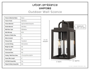 The UHP1382 Farmhouse Outdoor Wall Sconce by Urban Ambiance features marine-grade construction, olde bronze finish, clear glass, and measures 17.125''H x 9''W (Macon Collection). Full specs and bulb details shown with the image.