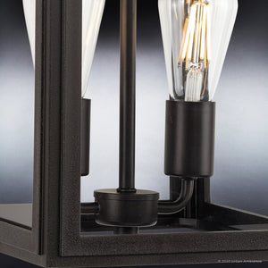 Close-up of the Urban Ambiance UHP1382 Farmhouse Outdoor Wall Sconce from the Macon Collection, featuring a rectangular olde bronze frame with exposed filament bulbs and marine-grade construction (17.125''H x 9''W).