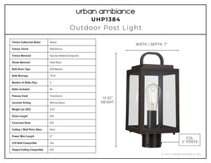 Product information sheet for the Urban Ambiance UHP1384 Farmhouse Outdoor Post Light, 15.625''H x 7''W, Olde Bronze, Macon Collection—marine-grade construction with clear glass panels, specs, dimensions, and labeled corrosion-resistant image.