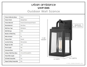 The Urban Ambiance UHP1385 Farmhouse Outdoor Wall Sconce from the Macon Collection features marine-grade, powder-coated composite polymer in midnight black, measures 11.875