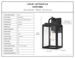 The Urban Ambiance UHP1386 Macon Collection outdoor wall sconce features a marine-grade, midnight black finish with clear glass and visible bulb. Sized 13.625''H x 7.125''W, it’s perfect for modern exteriors requiring durability and style.