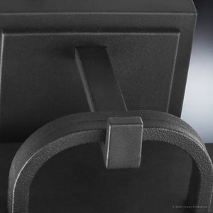 Close-up of the Urban Ambiance UHP1386 Farmhouse Outdoor Wall Sconce, 13.625''H x 7.125''W in a midnight black finish, featuring marine-grade, corrosion-resistant construction from the Macon Collection—ideal for modern exteriors.