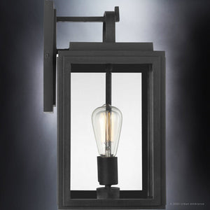 The Urban Ambiance UHP1387 Farmhouse Outdoor Wall Sconce (17''H x 9''W), from the Macon Collection, features a midnight black marine-grade finish and clear glass, showcasing an exposed bulb for a coastal-inspired look.