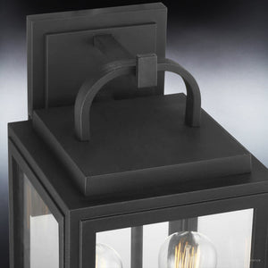 The Urban Ambiance UHP1387 Farmhouse Outdoor Wall Sconce, 17''H x 9''W from the Macon Collection, features a corrosion-resistant midnight black marine-grade finish and clear glass panels for timeless coastal style.