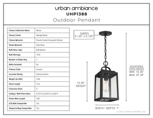 The UHP1388 Farmhouse Outdoor Pendant from Urban Ambiance’s Macon Collection features marine-grade construction, a midnight black finish, and measures 15.375