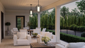 A beautiful rendering of an outdoor patio with UHP1393 Minimalist Outdoor Pendant 17.5''H x 11''W, Midnight Black Finish, Chandler Collection furniture by Urban Ambiance.