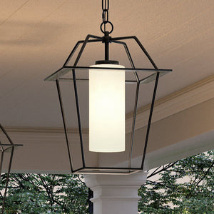 Two beautiful UHP1393 Minimalist Outdoor Pendant 17.5''H x 11''W, Midnight Black Finish lighting fixtures hanging from a porch by Urban Ambiance.