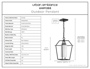 A diagram showing the dimensions of a unique Urban Ambiance UHP1393 Minimalist Outdoor Pendant 17.5''H x 11''W, Midnight Black Finish, Chandler Collection light