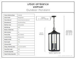 A luxury lighting fixture diagram showcasing the dimensions of the UHP1401 Farmhouse Outdoor Pendant 23.75''H x 9.5''W, Midnight Black Finish from the Calderdale Collection