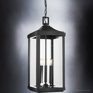 An UHP1401 Farmhouse Outdoor Pendant, unique and beautiful, 23.75''H x 9.5''W, Midnight Black Finish, Calderdale Collection hanging on a chain by